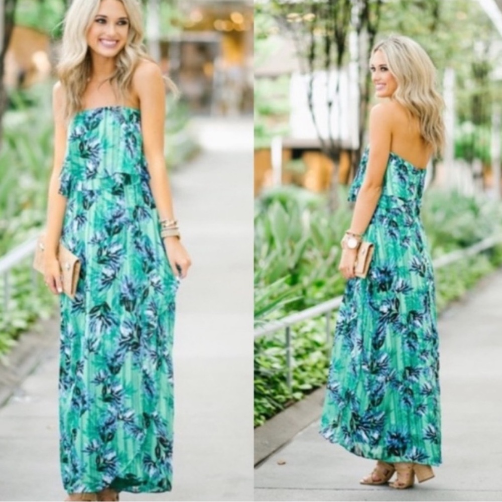 Banana Republic Tropical Green Floral Popover Split Maxi Dress